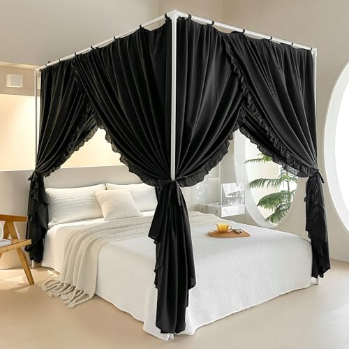 AIKASY Prinzessinnen-Betthimmel-Vorhänge mit Bändern Oben – Winddicht und lichtdicht für Mädchen und Erwachsene, Schlafzimmer-Dekoration, Betthimmel-Vorhänge (Kingsize, Schwarz)