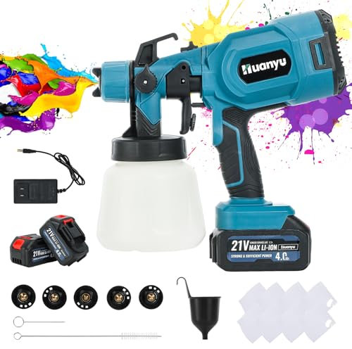 Huanyu Spruzzatore di vernice a batteria con 2 batterie da 21V 4.0Ah e 5 ugelli pistola a spruzzo per verniciare da 900 ml con 3 modelli pistola a spruzzo elettrico per la pittura di mobili domestici