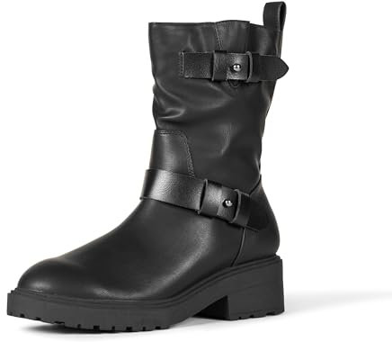 Amazon Essentials Women's Mid Calf Cropped Biker Boot, Faux Leather, Anti Slip, Black, 6.5
