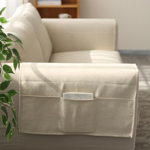 MOTTK Sommer-Sesselbezug, rutschfester Leinenstoff, Armlehnenbezug mit Seitentaschen, kratzfester Sofa-Armschutz für Couch, Rückenlehne (Beige, 50 x 110 cm)