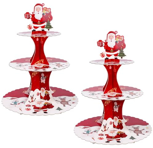 Paquete de 2 Soportes PYGHAP para Cupcakes de Navidad - Soporte de Cartón Redondo de 3 Niveles para Tartas y Postres de Papá Noel
