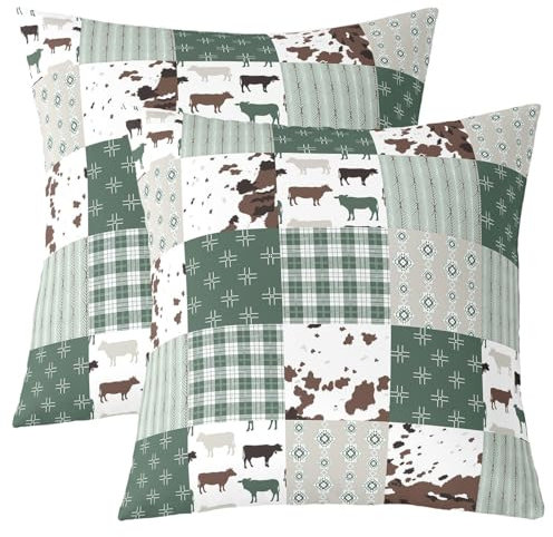 Loussiesd Juego de 2 fundas de almohada reversibles con estampado de vaca para niños y niñas, diseño de vaca lechera, decoración del hogar, 55 x 55 cm, diseño de animales verdes y blancos