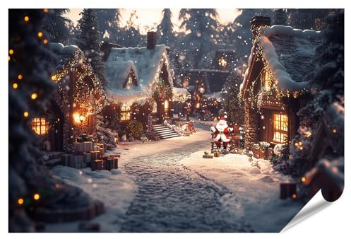 islandburner XXL Bild Poster Weihnachtsdorf bei Nacht mit beleuchteten Häusern und Santa Claus Premium Bilder Fotodruck