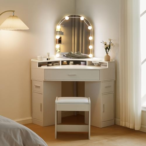 CLIPOP Corner Dressing Table with Charging Station, Vanity Table with LED Mirror and Stool, 3 Drawers Makeup Desk with Open Shelf and Cabinet for Bedroom Girls Women