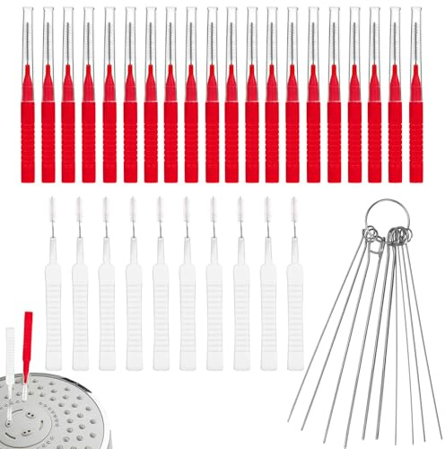 40pcs Shower Head Cleaner Tools, 2 Designs Shower Head Cleaning Brushes Multi-Size Showerhead Cleaner Picks Anti-Clogging Cleaning Brush for Bathroom Small Hole Gap Nozzle Window Slot (Red)