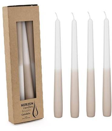 Hochwertige Spitzkerzen Two Tone/Dip Dye, 4 Stück, H25x02,3cm, & Stunden, Made in Germany, RAL-zertifiziert, Weiß & Cremebeige