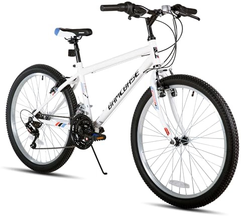 Hiland 24 Inch Mountain Bike, 18 Speed Mountain Bike for Men Women, High Carbon Steel Frame, V-brakes MTB for Different Terrains, White