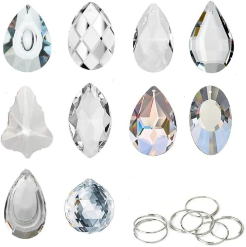 H&D HYALINE & DORA 10er Pack klare Kristall Sonnenfänger Kronleuchter Lampe Beleuchtung Tropfenanhänger hängende Glaskugelprismen Fenster Heimdekoration | Klare Kristall-Tropfen, facettiert, Regenbogen-Effekt. Ersatzteile für Kronleuchter, Fenster & Lampe. Mit Haken.