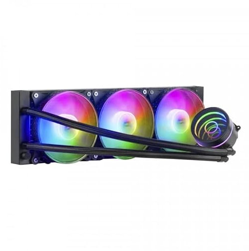 Sistema de refrigeración líquida 360mm, ventiladores RGB, diseño en negro, ideal para optimizar la temperatura en PC de alto rendimiento.