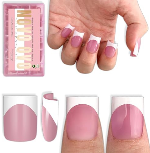 NOVO OVO Short Sharp Square White French Tip Nail Tips Press on BERRY PINK, Need Builder Gel Top Coat Nail Glue,Soft Gel Fake Nail Extension, Full Cover False Nails for Salon DIY x15 Sizes 240 pcs