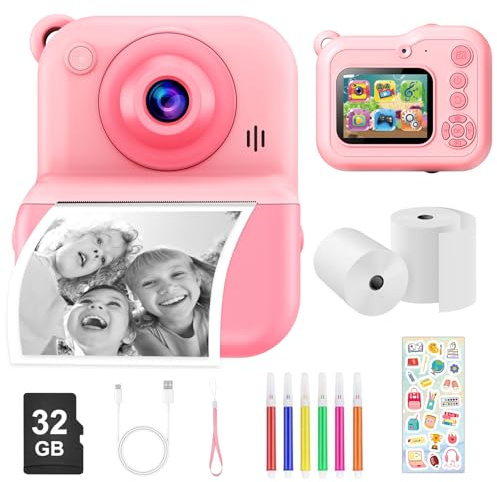 Dusefogo Appareil Photo Instantané Enfants,1440P Appareil Photo Numérique Enfant Caméra Vidéo avec Carte de 32GB Rouleaux de Papier d'impression Cadeau Garçons pour Garçons Filles de 3-12 Ans(Rose)