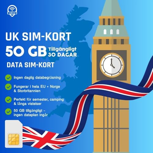 Wifi.se England Data-SIM – 50 GB tillgängligt – inget dataabonnemang ingår 5G Rese- och roaming-SIM-kort för hela Storbritannien och Europa samt Storbritannien – endast SIM-kort