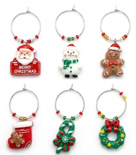 PRK 14 Xmas Wine Glass Charms Drink Markers for Party Christmas Dinner Handmade Table Decorations Gift Ideas (Set of 6)