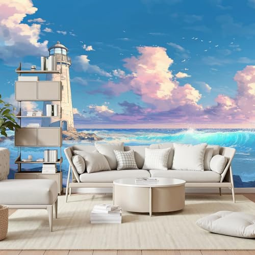 Gaqinhh Phare Style Anime Papier Peint Panoramique, Meer Welle Landschaft Papier Peint Salon, Tapisserie Murale Intissé Wallpaper 3d Chambre Cuisine Salle de Bain, 350 x 256 cm