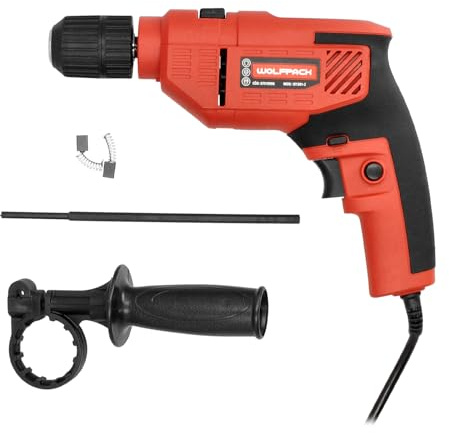 Perceuse à percussion 550 W 13 mm. Avec variateur de vitesse. Comprend poignée et guide métallique.