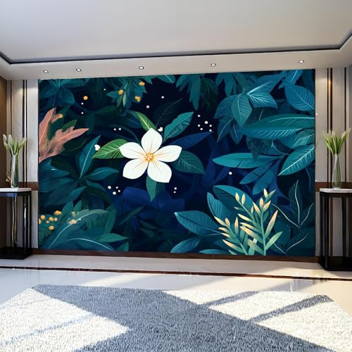 Fotomural Plantas y flores del bosque 300 x 210 cm Azul Oscuro Papel Pintado Tejido No Tejido Fotográfico para Dormitorio, Oficina y Hotel