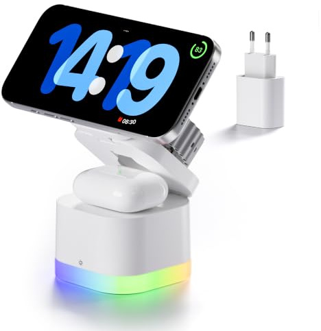 COLSUR 3 in 1 Caricatore Wireless per Apple con Adattatore da 30W | Stazione Ricarica Rapida 15W Magnetico per iPhone 17/16/15/14/13/Air/Apple Watch AirPods Pro/4/3/2, Bianco