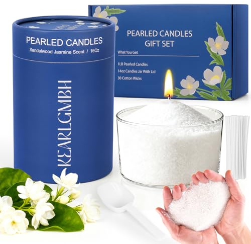 Manualidades Regalos Originales para Mujer,Kit para Hacer Velas Aromaticas | Vela perfumada de Sándalo y Jazmín para relajarse, antiestrés y dormir mejor, en cera de perla 100% natural