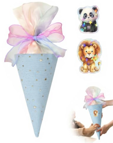 KACZUS Petite Cornet d'École Frère et Sœur 49 cm Mini Cornet Bleu en Tissu avec Ruban Arc-en-Ciel et 2 Feuilles d'Autocollants Animaux Aléatoires pour Garçons et Filles pour la Rentrée Scolaire
