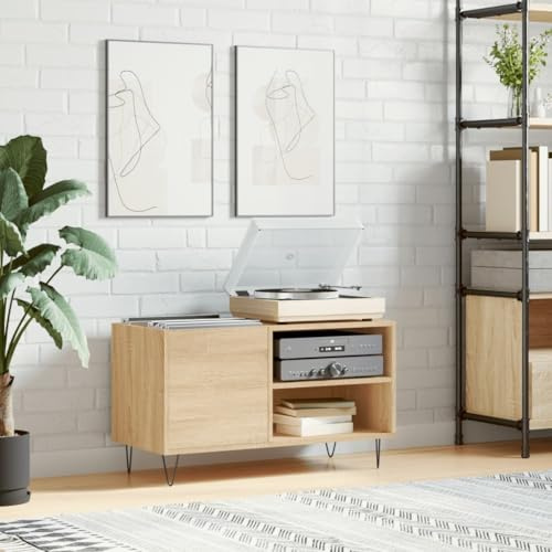 LoogCape Sonoma Oak Record Cabinet, 85 x 38 x 48 cm, Wood Material with Sturdy Iron Leg for Music Lovers, Storage Space for LPs, Turntables, TV Board, Lowboard, Media Cabinet, Hifi Rack, Sideboard