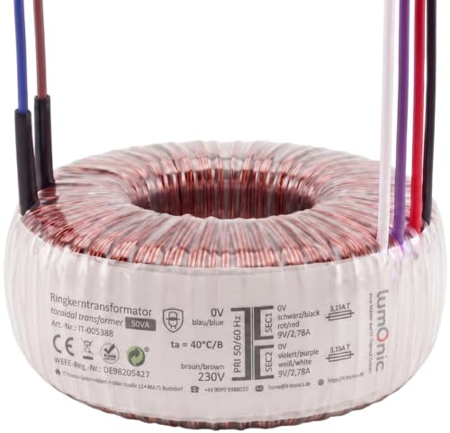Lumonic transformador toroidal 50VA 2x9V para sistemas de audio, industriales, halógenos y de vía - tensión de entrada 230V - tensión secundaria 18V - modelo RSO-826019