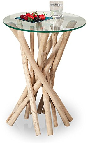 levandeo Table d'appoint en bois flotté - 50 x 40 x 40 cm - Verre de sécurité - Table basse unique - Bois massif naturel - Fabriquée à la main