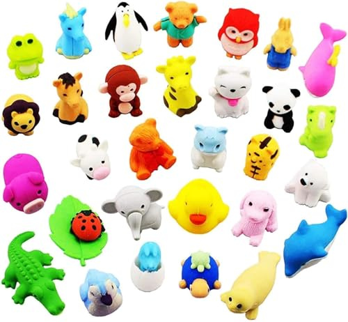 LURICO 36 Stück Radiergummi Kinder Set, Lustige Radiergummis in Tierform, Bunte Eraser für Kinder, für Weihnachten, Partygeschenke und Lernbelohnungen im Klassenzimmer