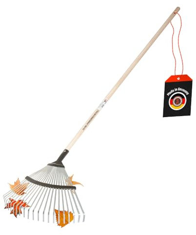 SHW-FIRE | Laubbesen verzinkt, 47 cm breit, 138,5 cm Eschenholzstiel - robuster Fächerbesen & Laubrechen für Laub, Grasschnitt & Gartenabfälle - Rechen mit Stiel Feste Breite | Made in Germany