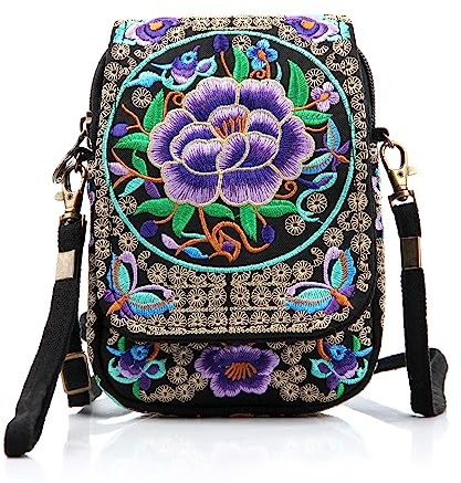 Goodhan Flowers Embroidery Canvas Crossbody Bag, Women Messenger Bag, Cellphone Pouch Purse, Style 01: Basic Version - Purplerose