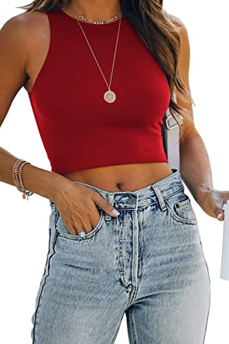 Rayson Daman Basic crop tanktoppar ärmlös rund hals racerback crop sporttopp, Rött vin, M