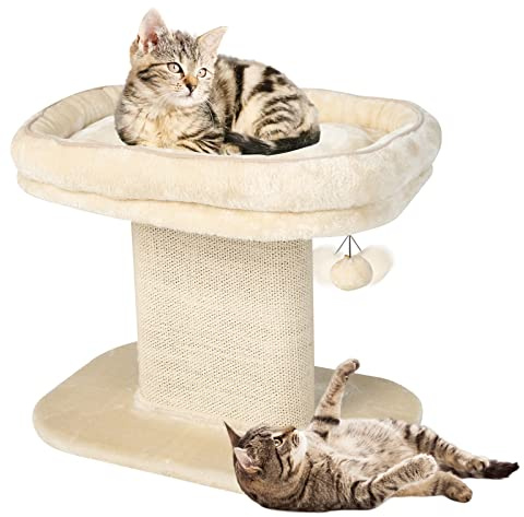 COSTWAY Petit Arbre à Chat en Bois 50 cm, Tour pour Chat, Planche à Griffer en Sisal, Plateforme en Peluche Douce, Pompon Interactif, Capacité 20 kg, Beige