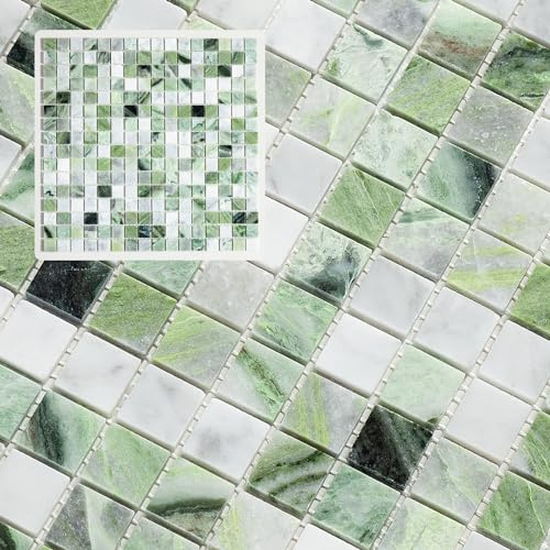 Midcard Quadratische Mosaikfliesen, Smaragdgrün und Carrara-Weiß, 6 Bögen, polierte Boden- und Wandfliesen für Duschraum