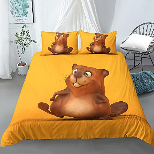 NDXRWDZR Housse de Couette 200x200 cm Adolescent Castor Jaune Parure de Lit 2 Personnes avec Fermeture Éclair Doux Respirant Microfibre Housse de Couette et 2 Taie d'oreiller 65x65 cm