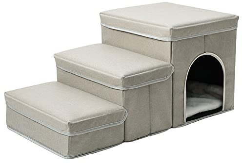 Faltbare Hundetreppe – Tragbare Hundetreppe – Heimtierleiter – 3 Stufen, 2 Aufbewahrungsmöglichkeiten Und 1 Fenster Für Kleine Haustiere,Beige
