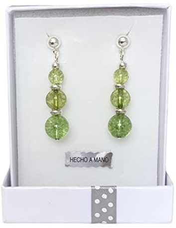Anhur Pendientes Esferas Cristal Verde Cierre Presión Mujer Largos Color Plata
