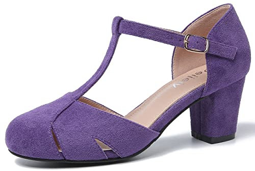 Peijely Mary Jane Damen-Pumps mit T-Riemen, Blockabsatz, Knöchelriemen, Schnalle, Tanzpumps, Wildleder Lila, 38 EU