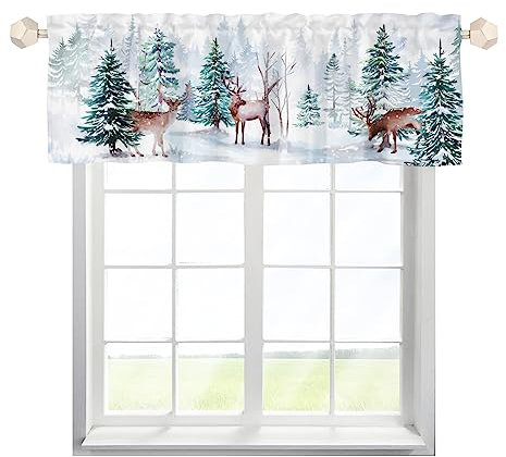 One Lover Weihnachten Kiefer Elch Scheibengardine Bistrogardine mit Stangendurchzug Stores Gardinen Schals Elegant Cafehausgardine für Wohnzimmer Schlafzimmer Kinderzimmer Multicolor 137x45cm,1 Stück