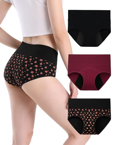 INNERSY Mutande Ciclo Mestruale Donna Slip Mestruali Vita Alta Mutandine Assorbenti Pacco da 3 (40, Stampa Floreale, Nero, Rosso Scuro)