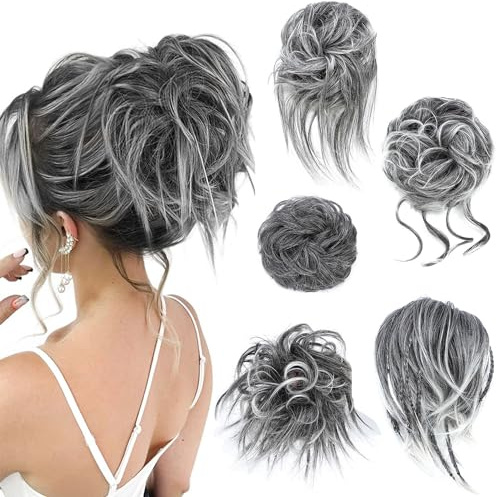 Fulang Hair 5/Pack Haarteil Mit Gummiband, Groß Dutt Haarteil, Gewellt Natürlich Kunsthaar Haargummi Damen Mit Haaren Hochsteckfrisuren Haarverlängerung, Messy Bun Haarteile (5 Stück/Packung) (4/60)