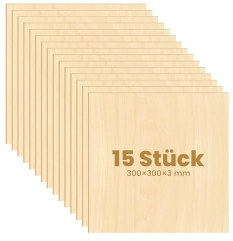 Dofiki 15 fogli di legno compensato di tiglio da 3 mm, 300 x 300 x 3 mm, per taglio laser, incisione a laser, per la masterizzazione del legno, modello da 3 mm