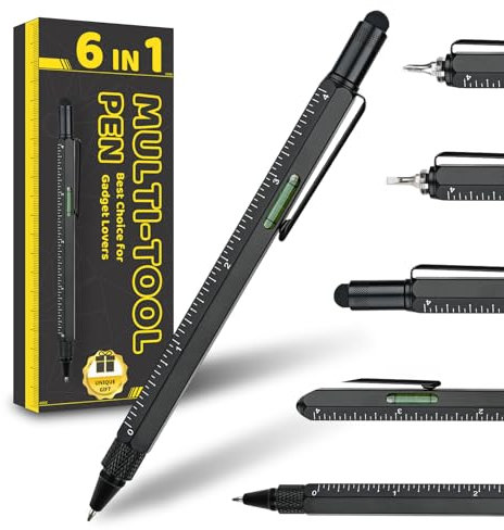 Men Valentines Day Gifts for Him Boyfriend Husband, Cool Gadgets Tools 6 in 1 Multitool Pen with Stylus, Level, Rulers, Screwdrivers, Father's Day Birthday Gift for Dad(Black)