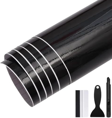 GRTHTATI 30cm x 300cm Pellicola Adhesiva per Auto Nero Lucido Pellicola Wrapping Pellicola Protettiva per Interni/Esterni di Auto, Moto, Bici (Nero Lucido, 30cm x 150cm)