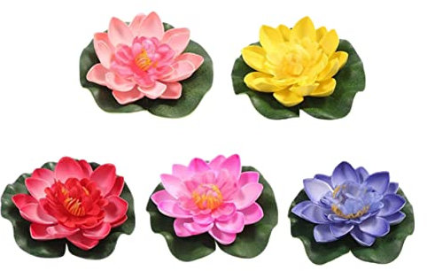 LIFKOME 5 Stück Künstliche Schwimmende Blume Deko Simulation Pflanze Für Teich Aquarium Ornament Ohne Bewässerung (17cm Hellrosa + 17cm Pink + Gelb + Dunkelrot + Blau)