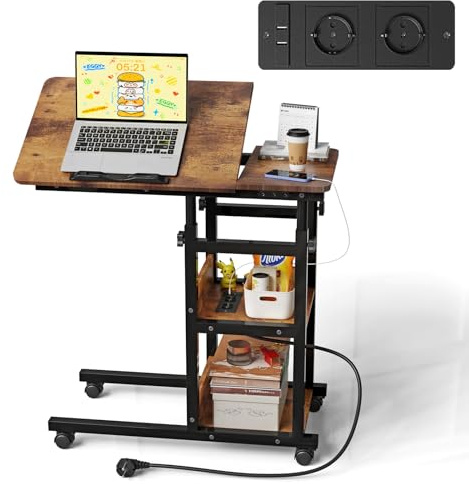 nwixbqoqn 80x40 cm Beistelltisch Computertisch mit Steckdose und Rollen, Laptoptisch Höhenverstellbar 64-95cm, Beistelltisch mit 4 Rollen für Schlafzimmer, Arbeitszimmer, Holz