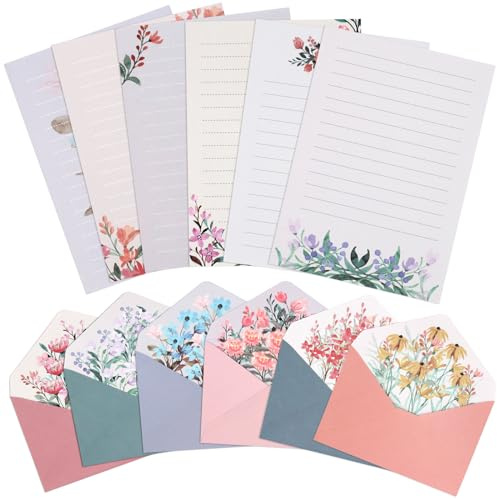 KSIWRE Set di 36 fogli di carta da lettere e buste, caldo set di cancelleria a tema floreale per inviti di nozze, auguri, 24 fogli di carta a righe con 12 buste