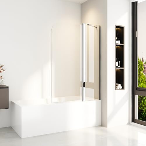 Duschwand für Badewanne 90 x 140 cm Silber 1-teilig Faltbar Badewannen Duschwand mit Stabilisator Duschabtrennung Badewanne aus 6mm ESG Sicherheitsglas mit NANO Beschichtung