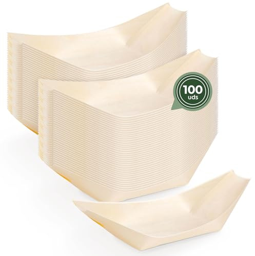 Horeca Collection MAXI PRODUCTS - 100 unidades - Cuencos Desechable Madera - 13 x 8,5 x 2 cm - Cuencos Catering Aperitivos Desechable - Cuenco Cocktail - Barquillas Madera - PRÁCTICO Y APILABLE