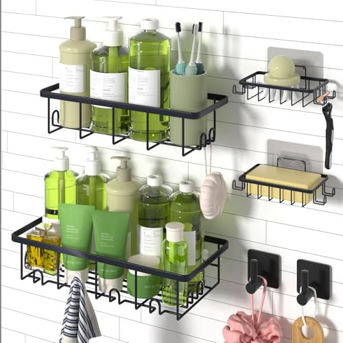 SHEGZHUC Lot de 4 Paniers de Douche en Acier Inoxydable - Avec ou Sans Perçage - Étagère de Douche À Crochet - Organiseur de Support + 2 Crochets Extra Autocollants Pour Salle de Bain et Cuisine