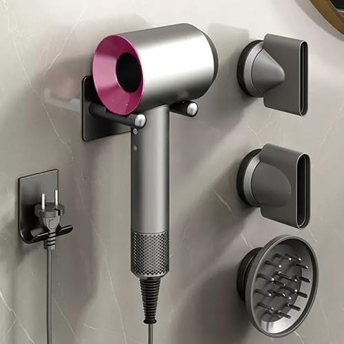 MidingChai Porta Phon Compatibile con Dyson, Adesivo, Appendi Phon Bagno, Porta Asciugacapelli avec Rangement des câbles, Convient pour 3 embouts, en alliage d'aluminium