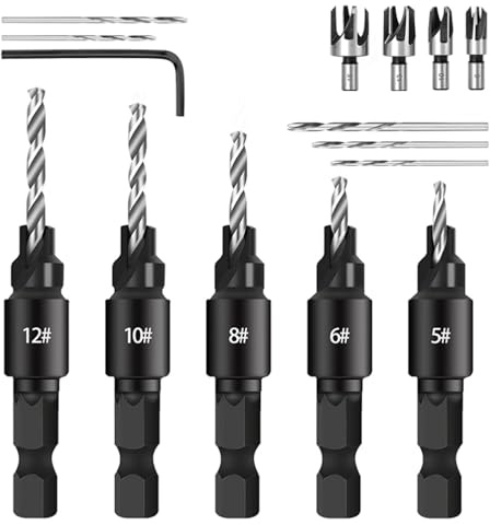 Bamyli Countersink Drill Bit Set, 5 Woodworking Chamfered Set with 1/4 Inch Hex Shank, 4 Wood Plug Cutter, 5 Twist Drill Bit with L-Wrench for Drilling Holes in Wood Plastic Soft Metal Chamfering Tool